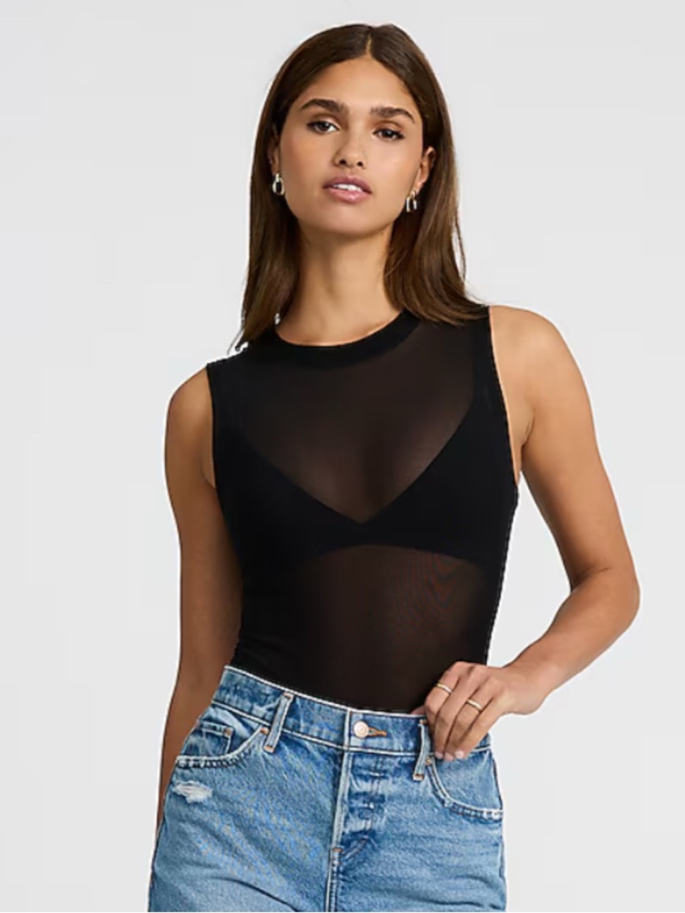 Express Black Thong Bodysuit Fitted Mesh Crewneck Sheer Size S and Size M - Picture 2 of 6